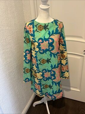 CELINA MOON Teal Multi-Color Floral-Pattern Long Sleeve Dress